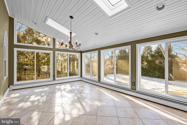 unfurnished sunroom with a notable chandelier, wooden ceiling, and a wealth of natural light