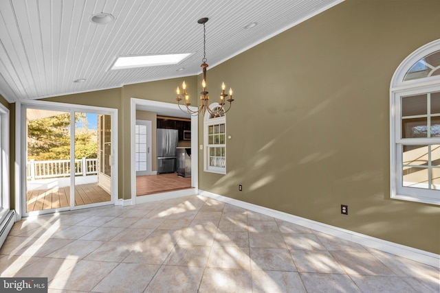 unfurnished dining area with vaulted ceiling with skylight, wooden ceiling, light tile patterned floors, and a chandelier