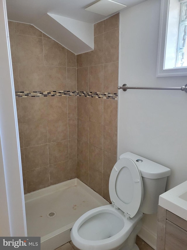 full bathroom with a stall shower, vaulted ceiling, vanity, and toilet