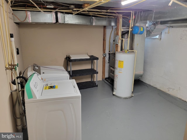 unfinished below grade area with water heater and washer and clothes dryer