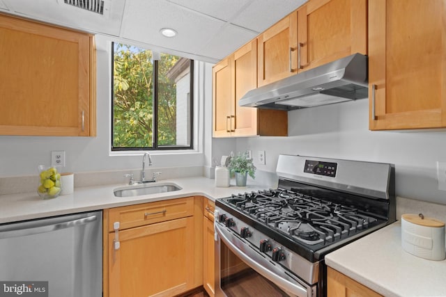 kitchen featuring stainless steel appliances, sink, and a drop ceiling