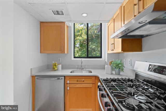 kitchen featuring appliances with stainless steel finishes, sink, and a paneled ceiling