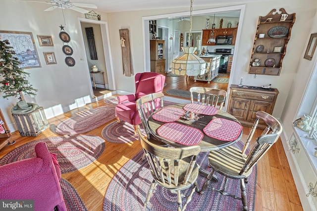 dining room featuring ceiling fan and light hardwood / wood-style flooring