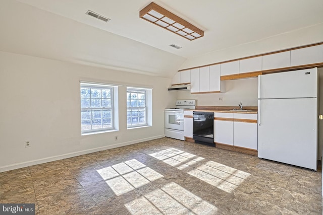 kitchen with white cabinets, white appliances, vaulted ceiling, and sink