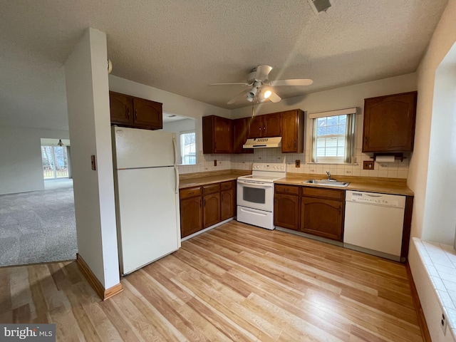 kitchen with white appliances, sink, light hardwood / wood-style flooring, ceiling fan, and a textured ceiling