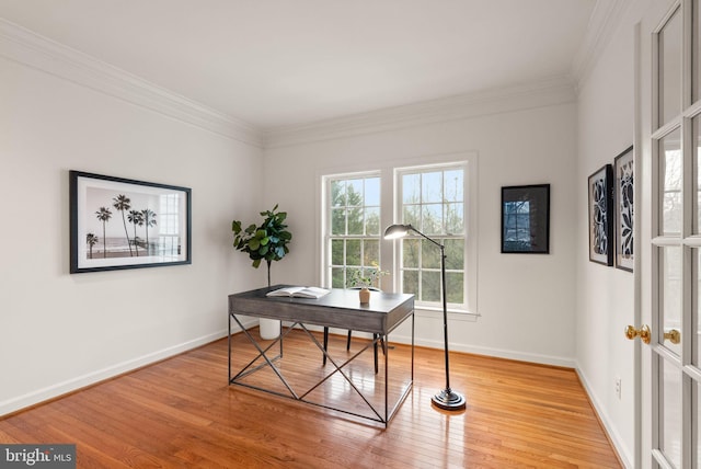 office featuring ornamental molding and wood-type flooring