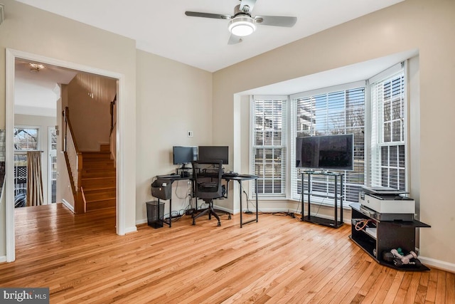 office area featuring ceiling fan and light wood-type flooring