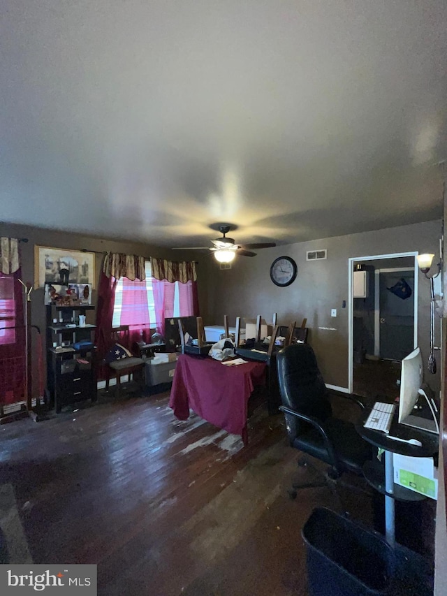 office featuring ceiling fan and dark wood-type flooring