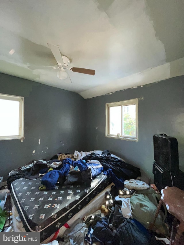 bedroom featuring ceiling fan and vaulted ceiling