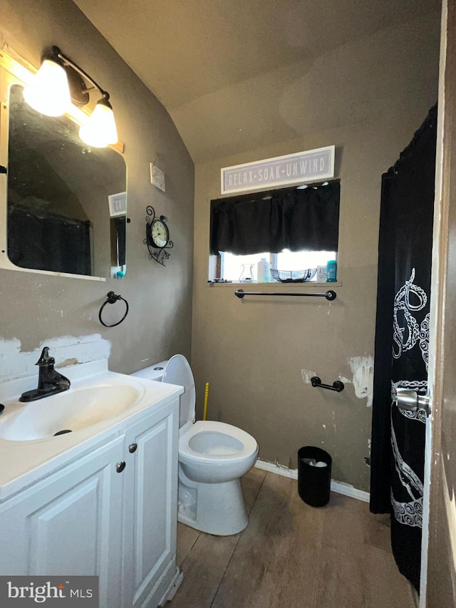 bathroom with toilet, vanity, hardwood / wood-style flooring, and vaulted ceiling