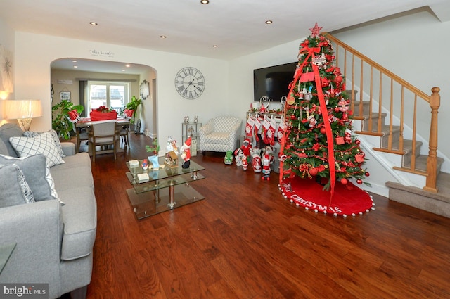 living room with dark hardwood / wood-style floors