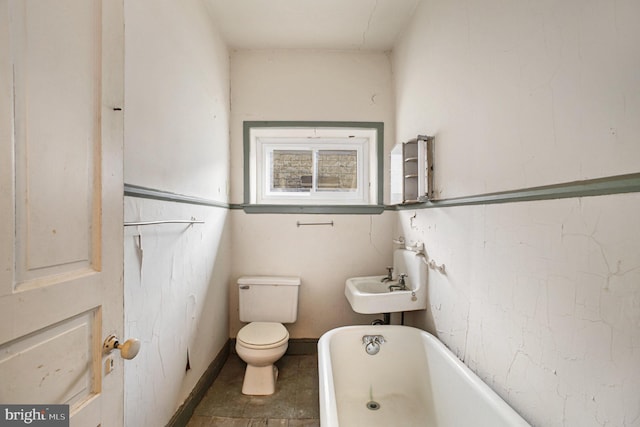 bathroom with toilet, a washtub, and sink