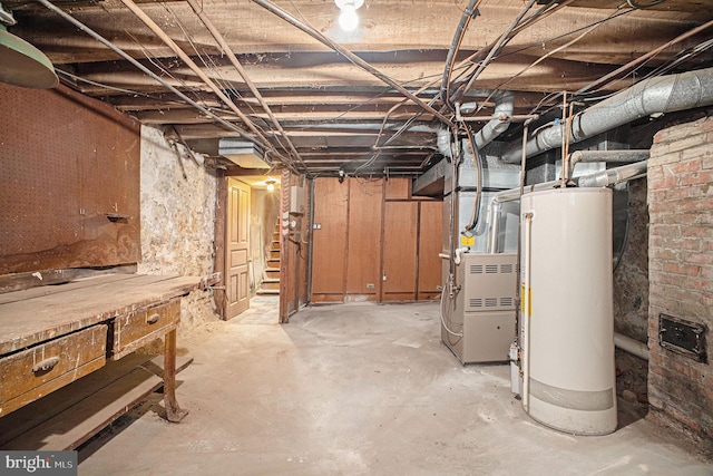 basement with heating unit and gas water heater