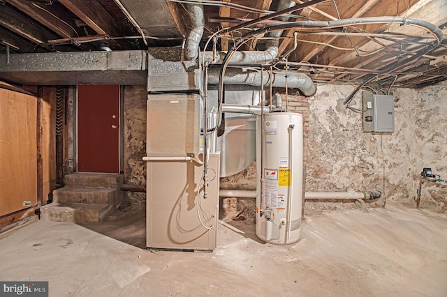 interior space featuring electric panel, heating unit, and gas water heater