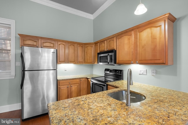 kitchen with crown molding, hanging light fixtures, sink, appliances with stainless steel finishes, and light stone counters