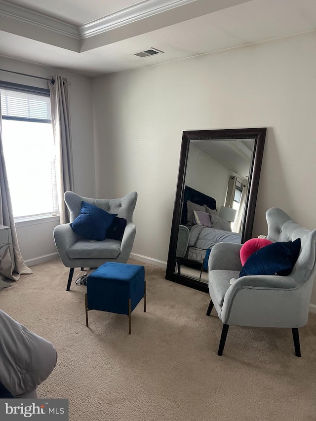 living area featuring crown molding, light colored carpet, and a tray ceiling