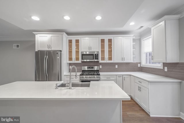 kitchen featuring white cabinetry, a center island with sink, stainless steel appliances, and sink