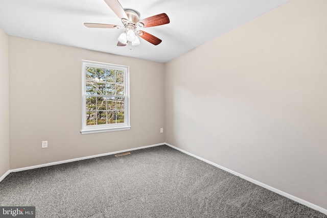 empty room featuring ceiling fan and carpet