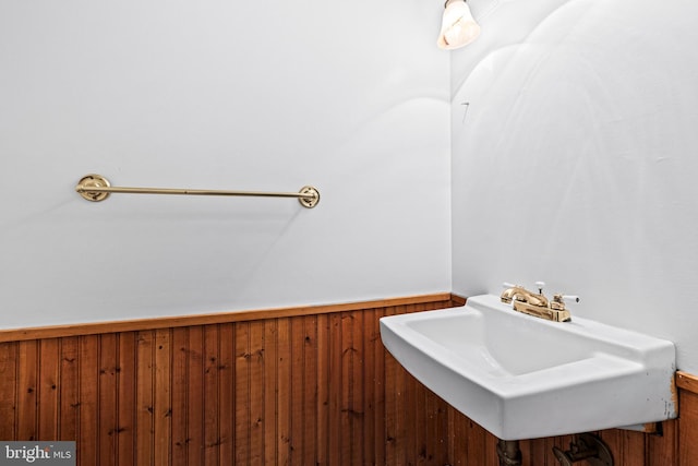 bathroom featuring wood walls and sink