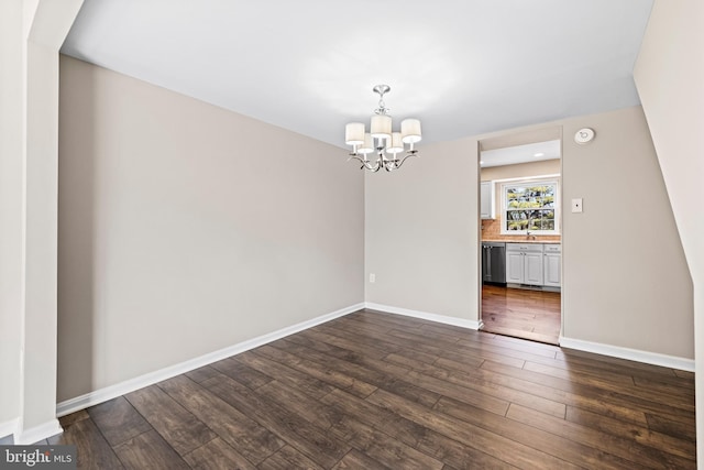 unfurnished dining area featuring sink, dark wood-type flooring, and a chandelier