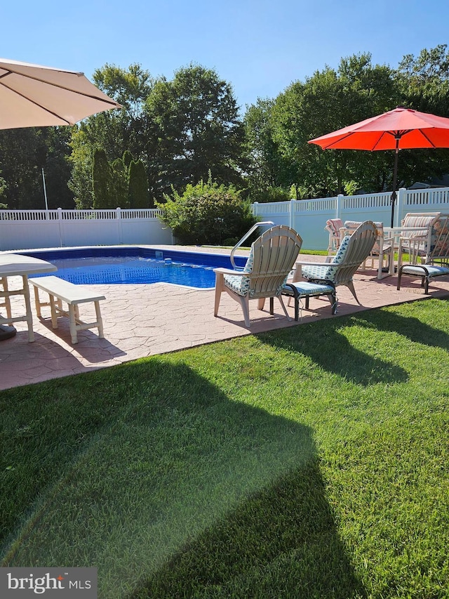 view of swimming pool featuring a lawn and a patio area