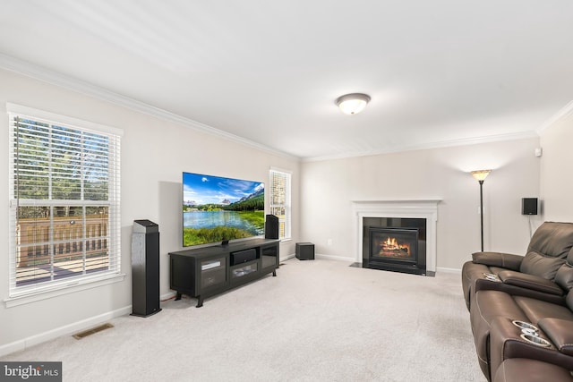 carpeted living room featuring crown molding and a wealth of natural light