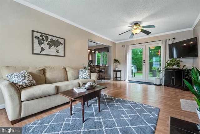 living room with hardwood / wood-style flooring, a textured ceiling, french doors, ornamental molding, and ceiling fan