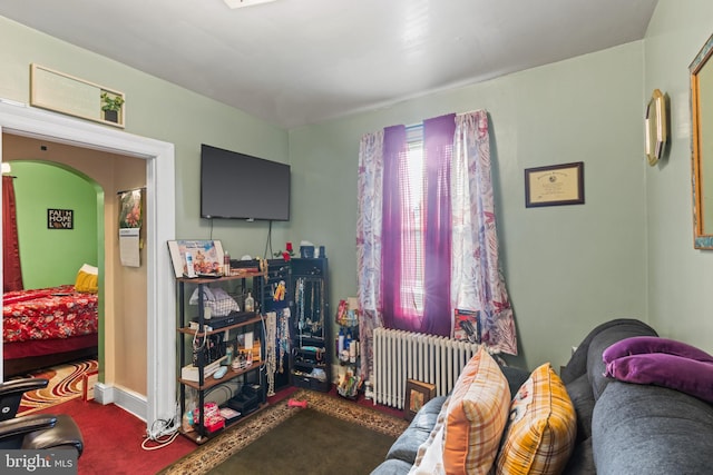 carpeted bedroom with radiator heating unit