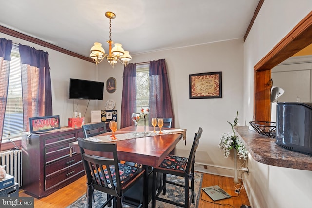 dining space featuring a wealth of natural light, radiator heating unit, an inviting chandelier, and light wood-type flooring