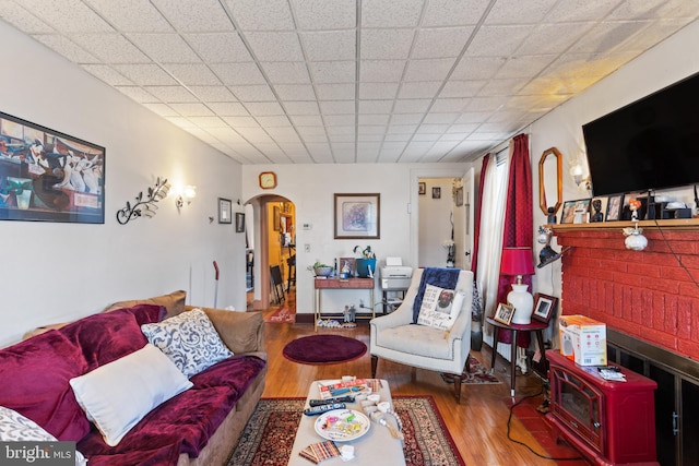 living room featuring a wood stove and light hardwood / wood-style flooring