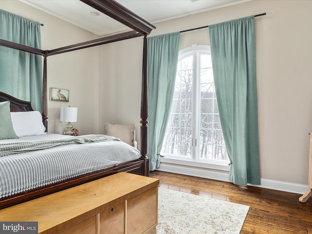 bedroom with multiple windows and dark wood-type flooring