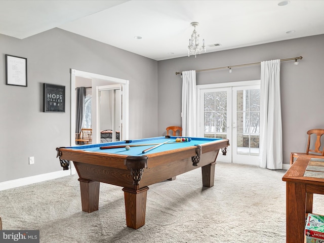 recreation room with carpet flooring and billiards