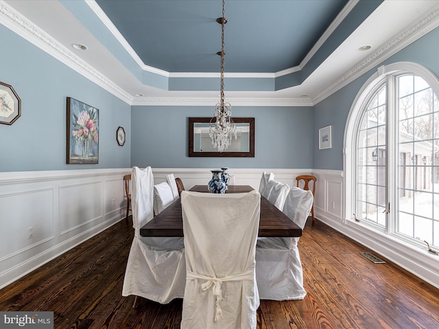 dining area featuring a raised ceiling, a wealth of natural light, and dark hardwood / wood-style flooring