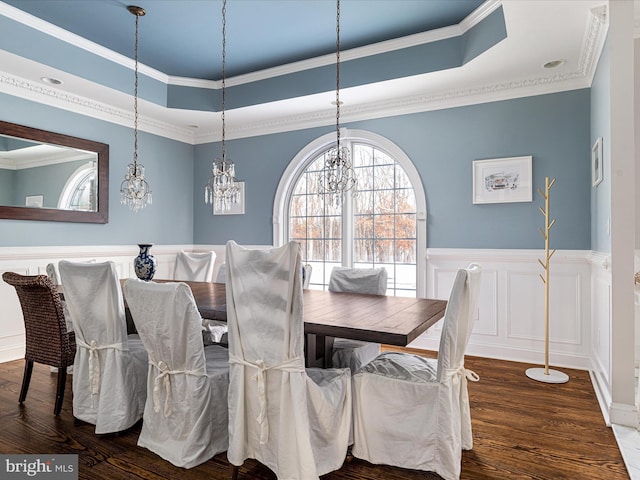 dining space with ornamental molding, dark wood-type flooring, and a tray ceiling