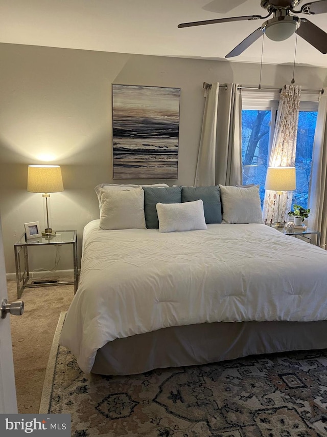 bedroom featuring carpet flooring and ceiling fan