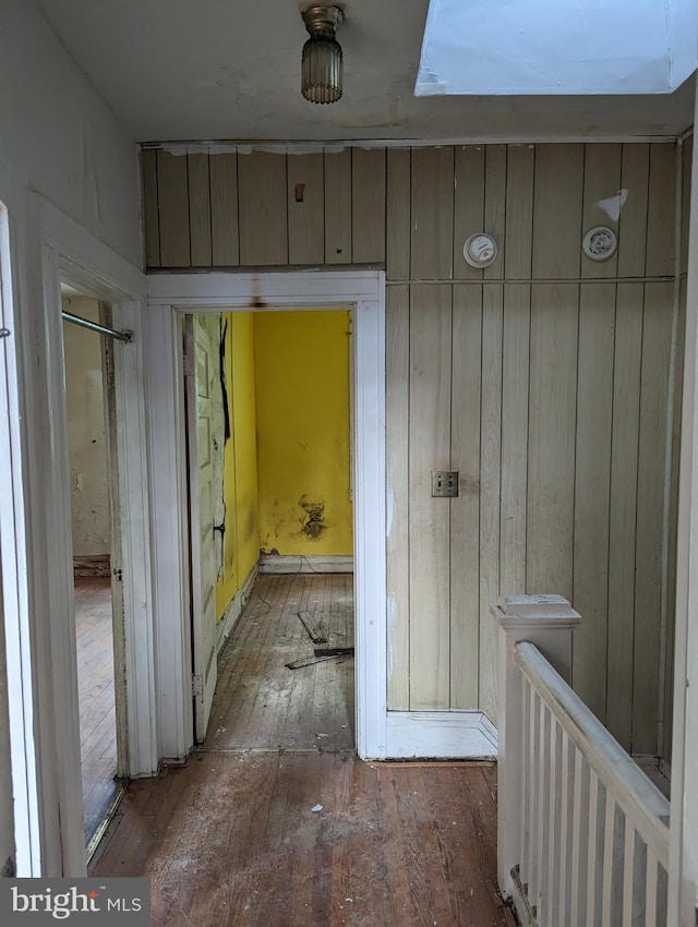 hallway featuring wood walls and dark wood-type flooring