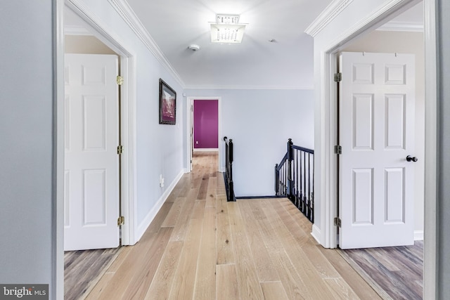 hall with crown molding and light hardwood / wood-style flooring