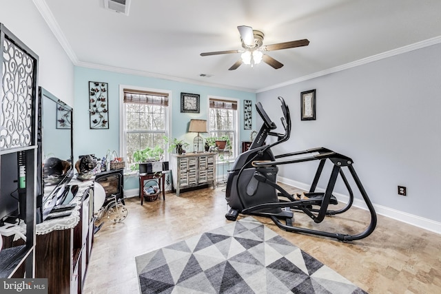 exercise area featuring ceiling fan and ornamental molding