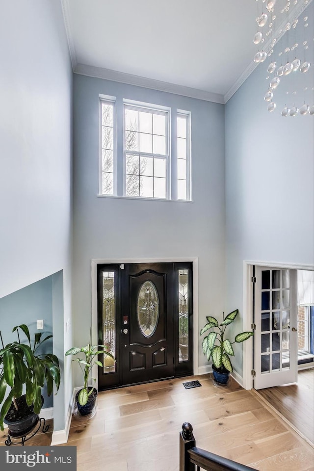 foyer with wood-type flooring, a high ceiling, and a chandelier