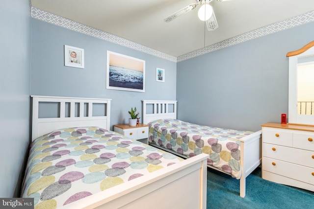 bedroom featuring carpet flooring and ceiling fan