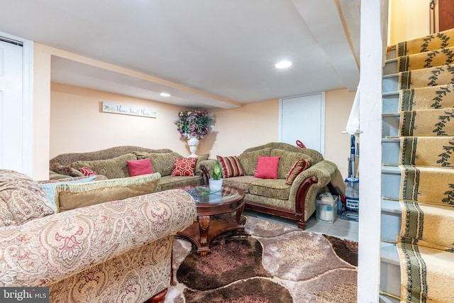 living room with tile patterned flooring