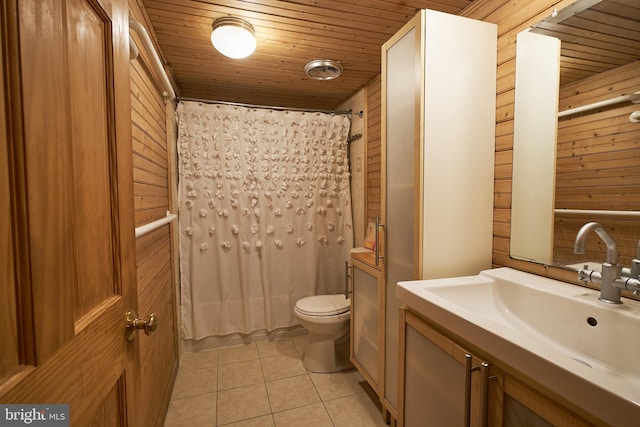 bathroom with wood walls, wooden ceiling, a shower with curtain, tile patterned flooring, and toilet