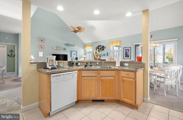 kitchen featuring ceiling fan, dishwasher, sink, kitchen peninsula, and light colored carpet