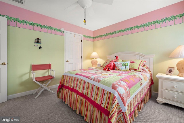 carpeted bedroom featuring ceiling fan