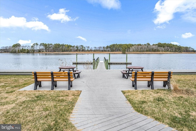 dock area with a water view and a yard