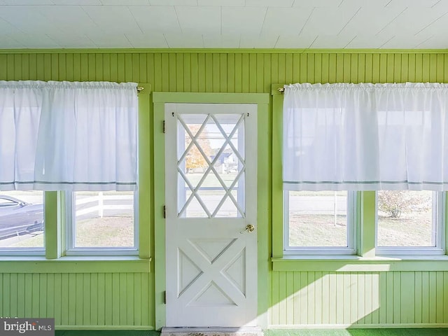 doorway to outside featuring plenty of natural light and wooden walls