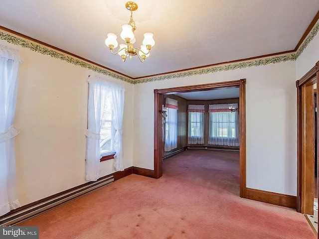 carpeted empty room with an inviting chandelier