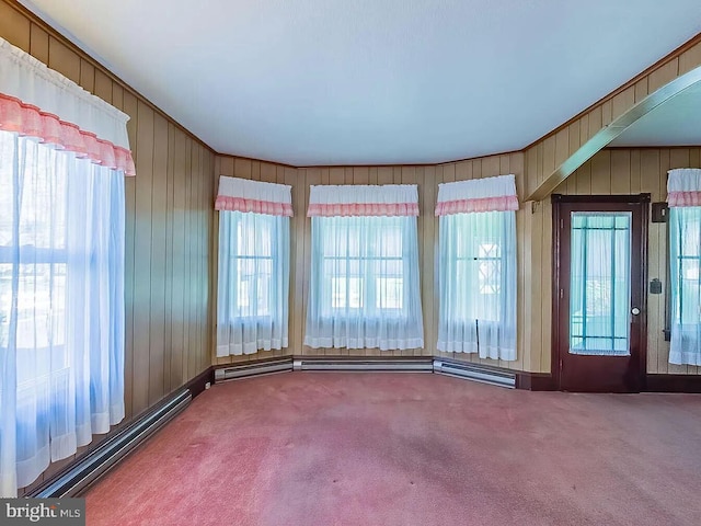 carpeted spare room featuring wooden walls