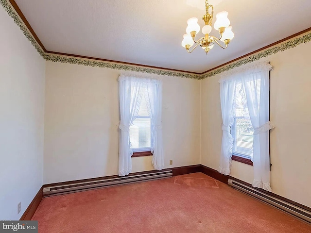 carpeted empty room featuring a baseboard radiator, a healthy amount of sunlight, and a notable chandelier