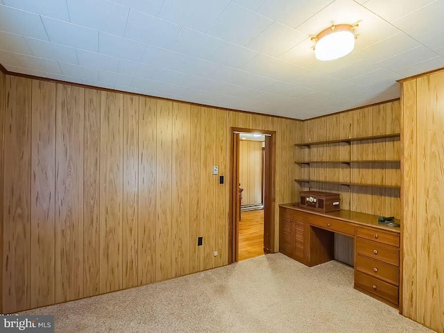 carpeted office space featuring wood walls